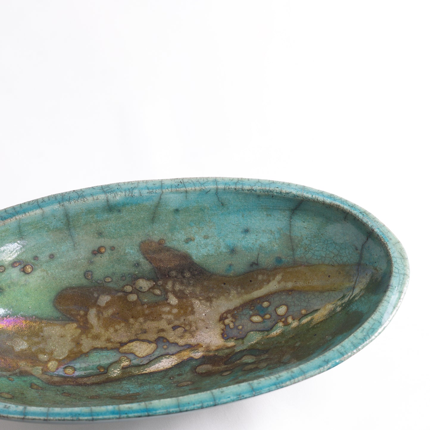 Japanese Modern Long Bowl Raku Ceramic Green Copper