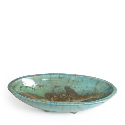 Japanese Modern Long Bowl Legged Raku Ceramic Green Copper