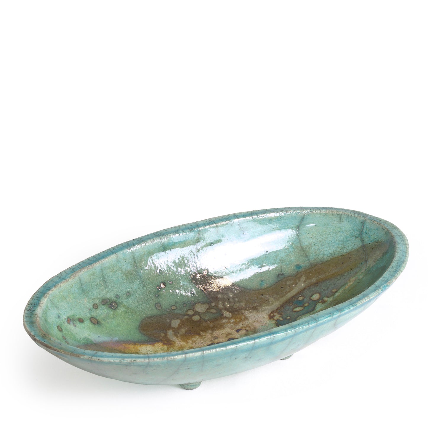 Japanese Modern Long Bowl Legged Raku Ceramic Green Copper