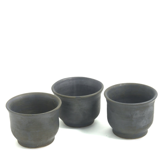 Japanese Minimalistic Earth Set of 3 Tea Cups Raku Ceramics Black Burnt
