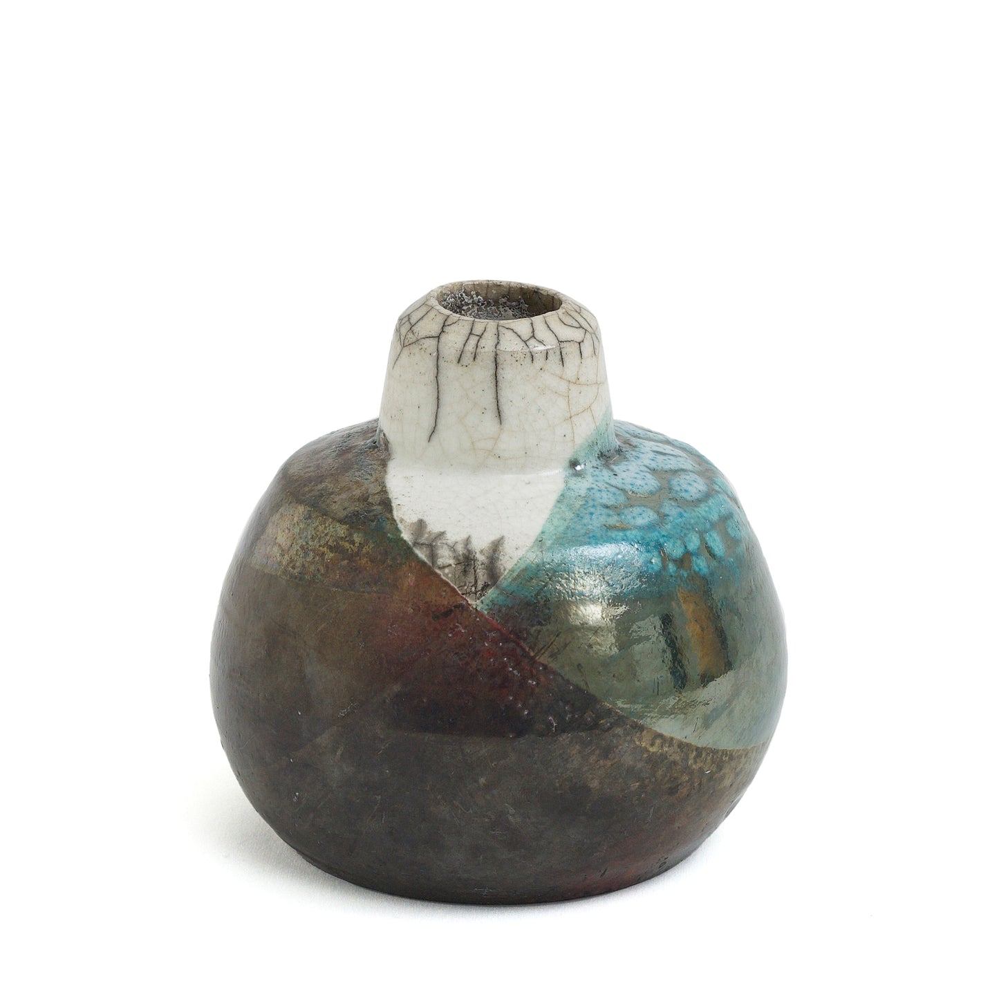 Japanese Modern Akuma No Me Vase Raku Ceramic Black White Blue Crakle Metal