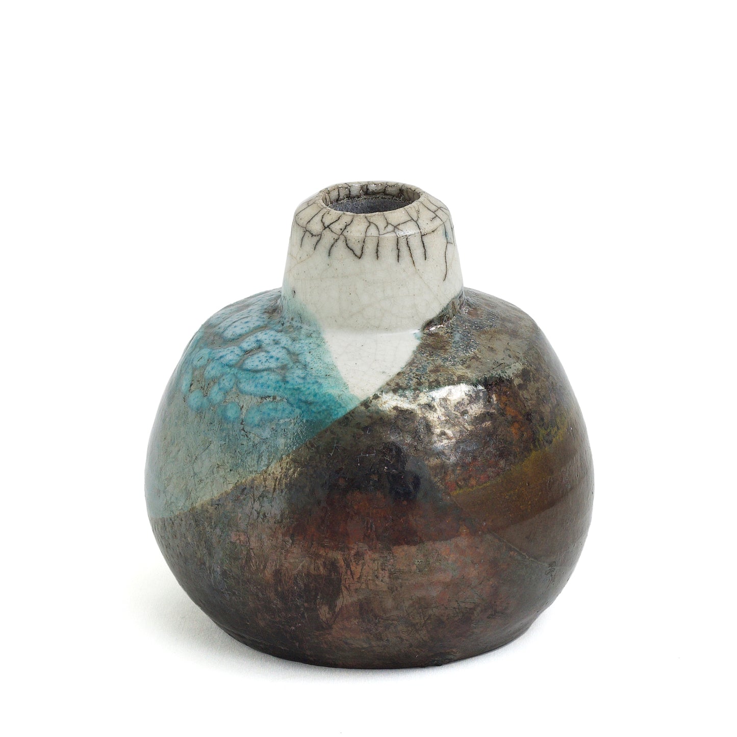 Japanese Modern Akuma No Me Vase Raku Ceramic Black White Blue Crakle Metal