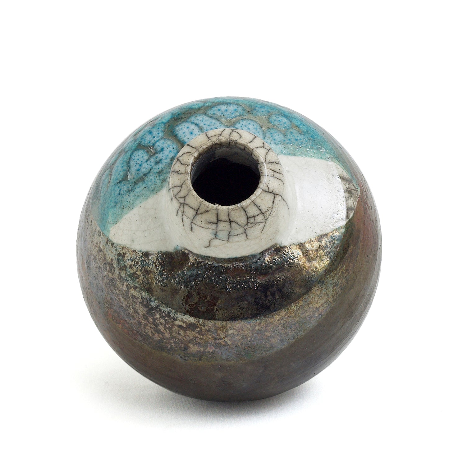 Japanese Modern Akuma No Me Vase Raku Ceramic Black White Blue Crakle Metal