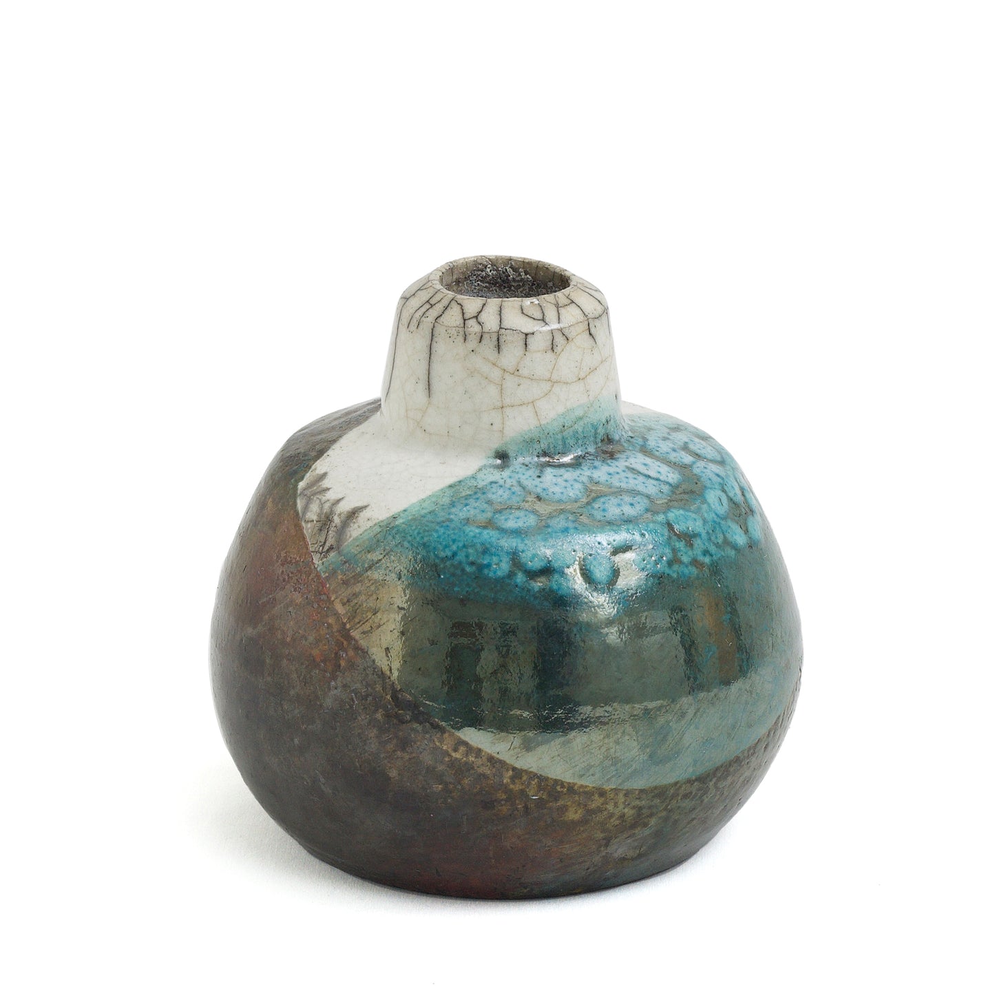 Japanese Modern Akuma No Me Vase Raku Ceramic Black White Blue Crakle Metal