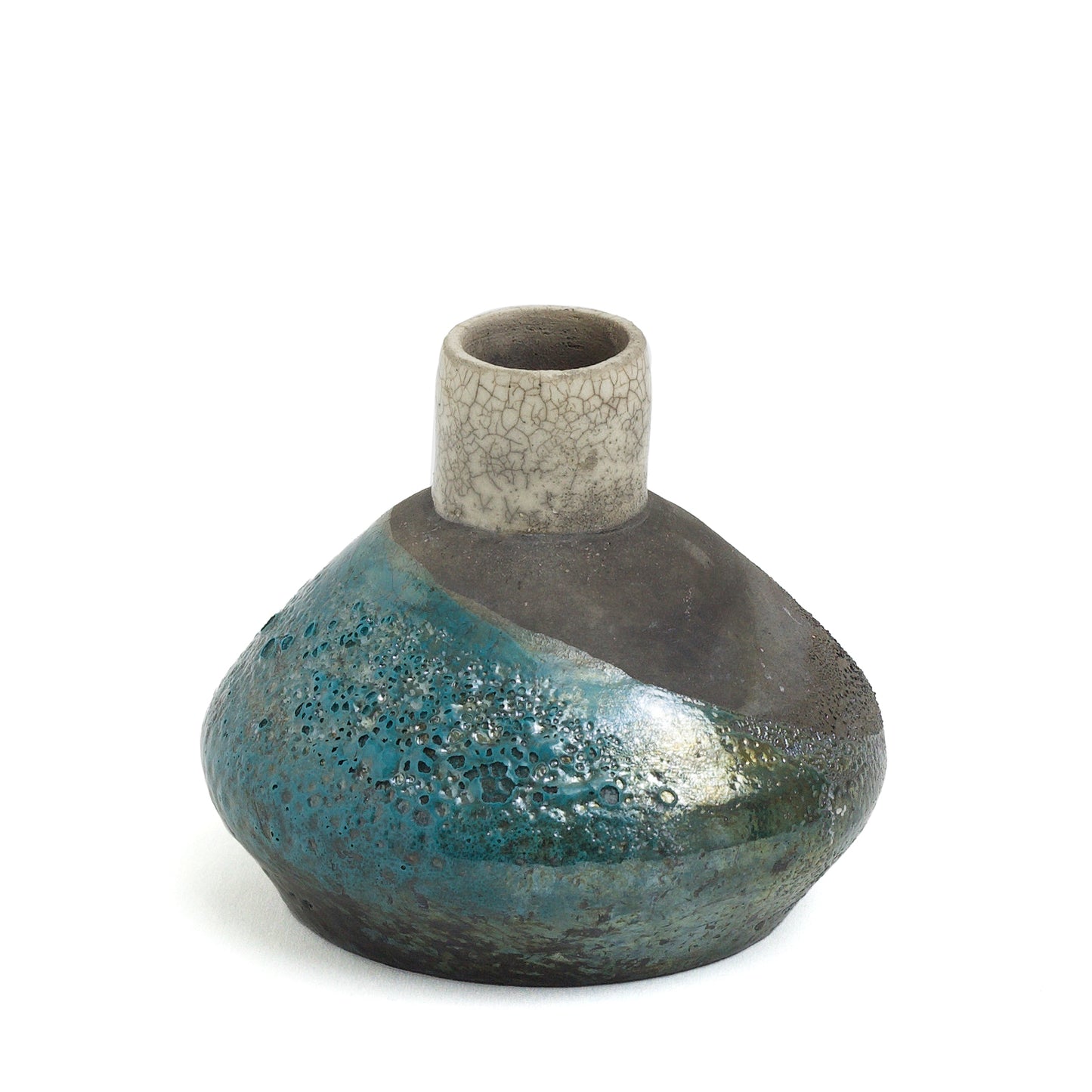 Japanese Modern Akuma No Me Vase Raku Ceramic Black White Blue Crakle Metal