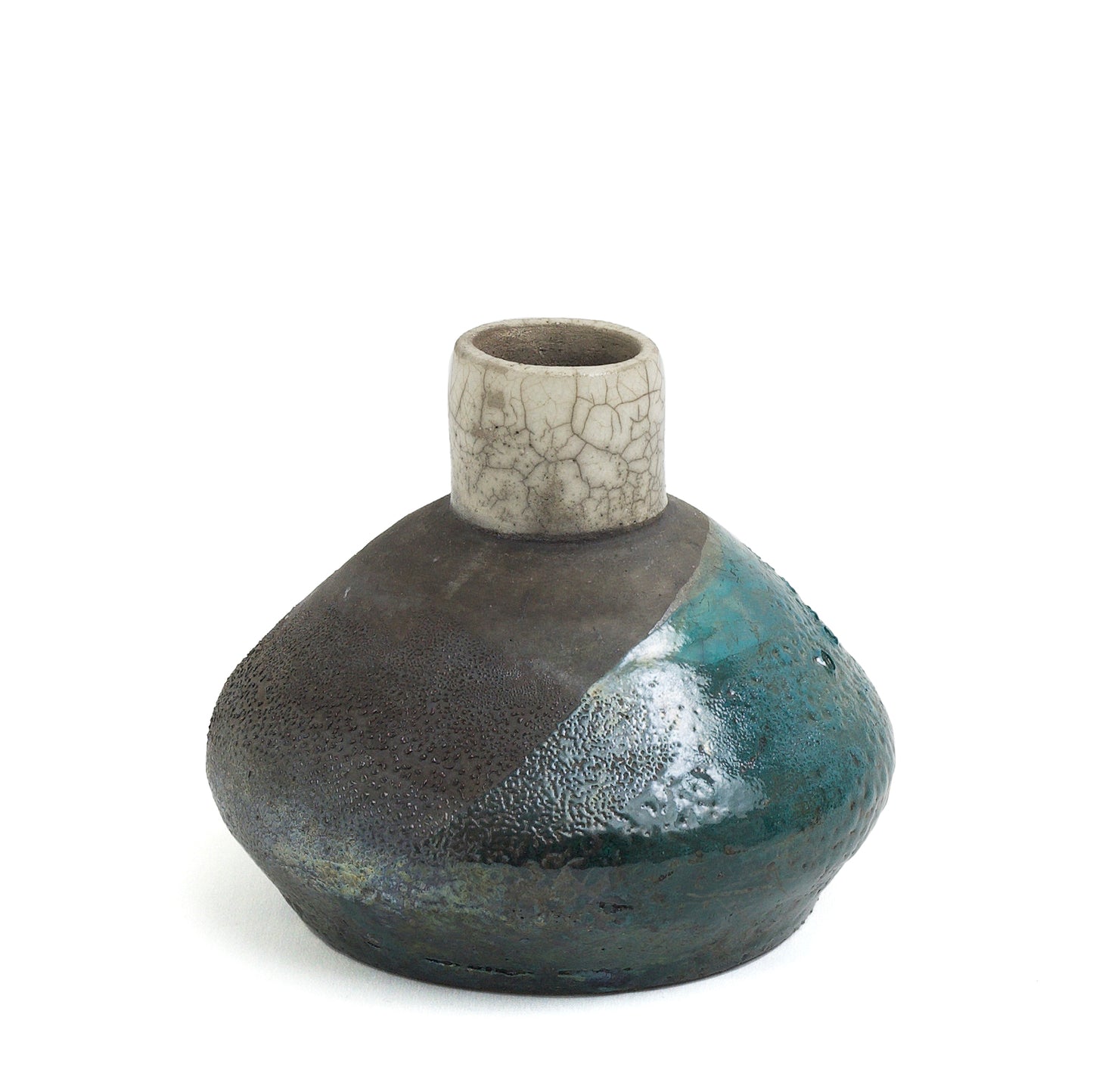 Japanese Modern Akuma No Me Vase Raku Ceramic Black White Blue Crakle Metal