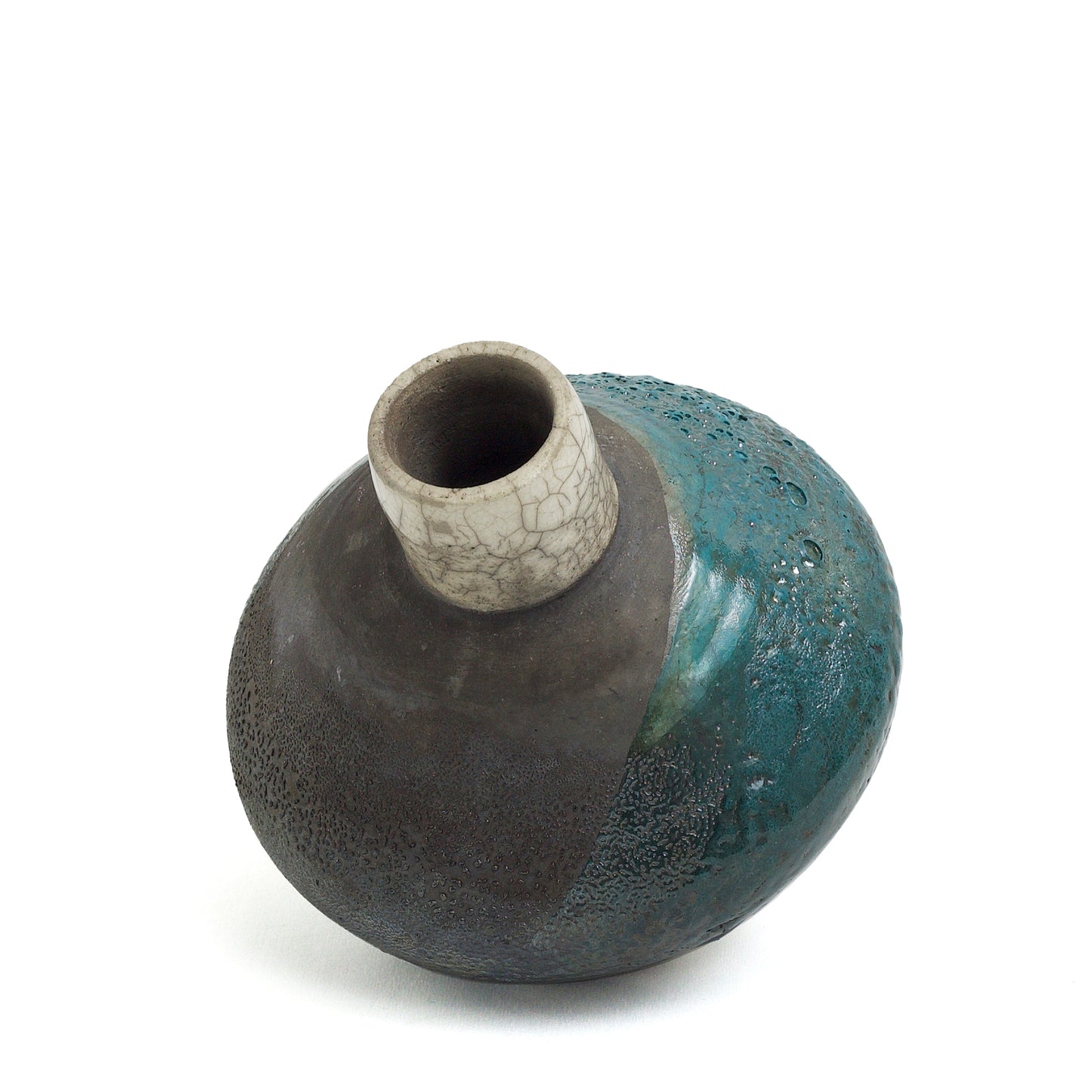Japanese Modern Akuma No Me Vase Raku Ceramic Black White Blue Crakle Metal
