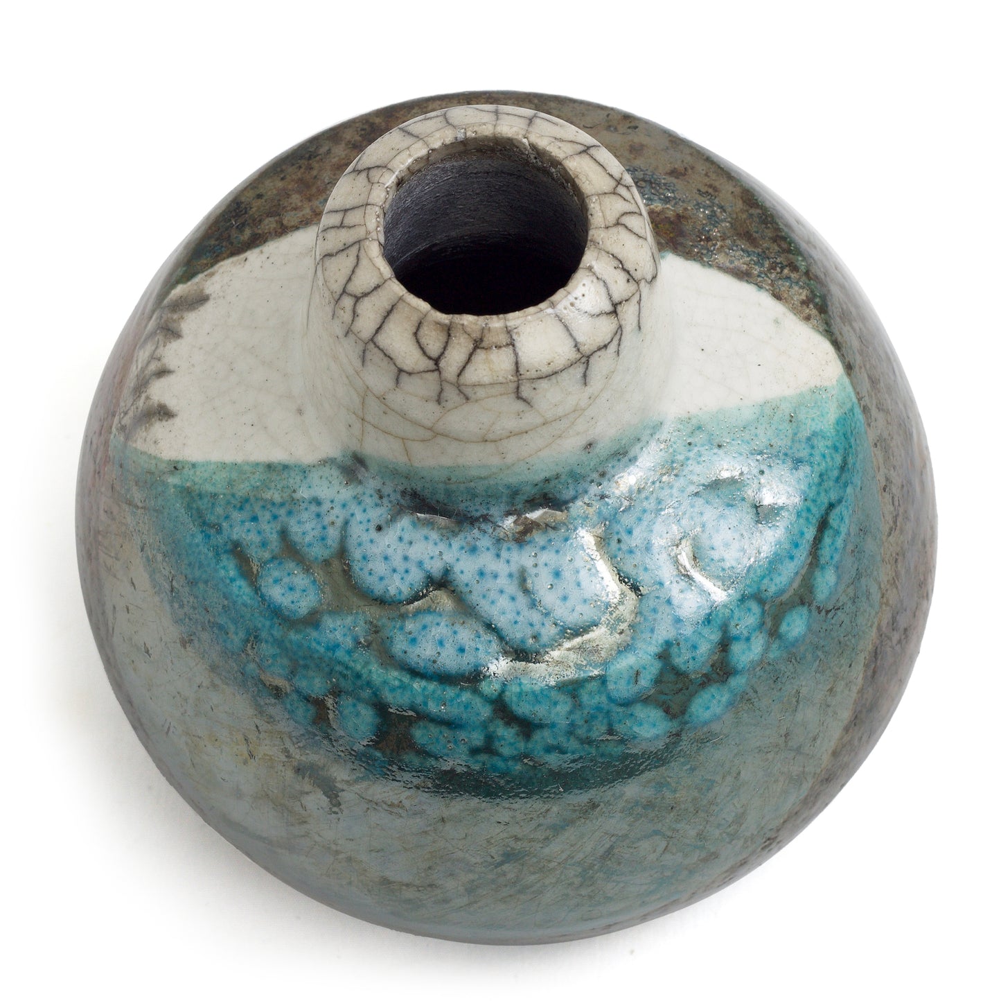 Japanese Modern Akuma No Me Vase Raku Ceramic Black White Blue Crakle Metal