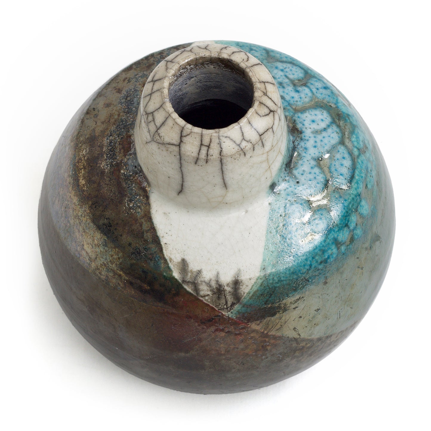 Japanese Modern Akuma No Me Vase Raku Ceramic Black White Blue Crakle Metal