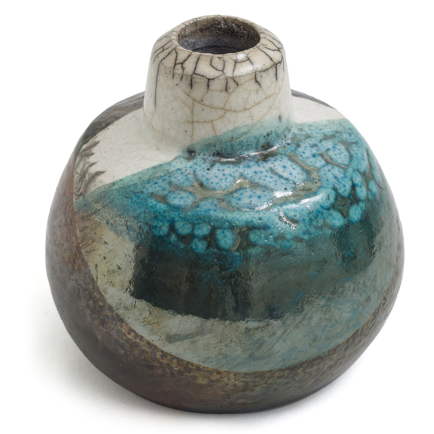 Japanese Modern Akuma No Me Vase Raku Ceramic Black White Blue Crakle Metal