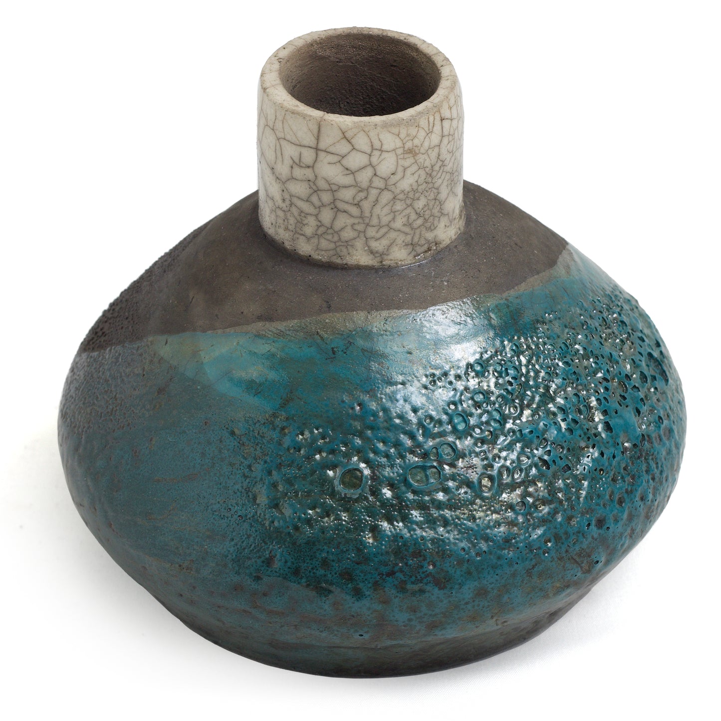 Japanese Modern Akuma No Me Vase Raku Ceramic Black White Blue Crakle Metal