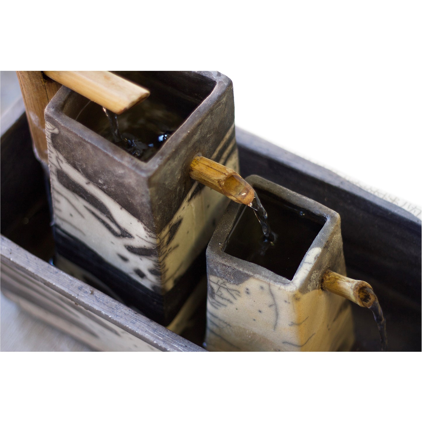 Modern Genesi Bamboo Ceramic Fountain Black White Crackle