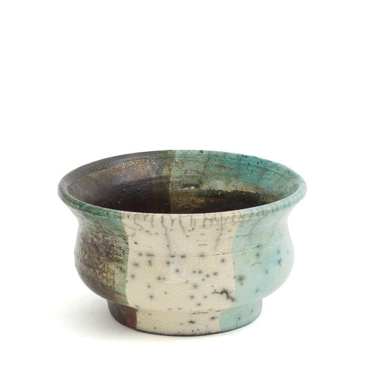 Japanese Modern Intenzioni Vase Raku Ceramic Black White Green Crakle Metal