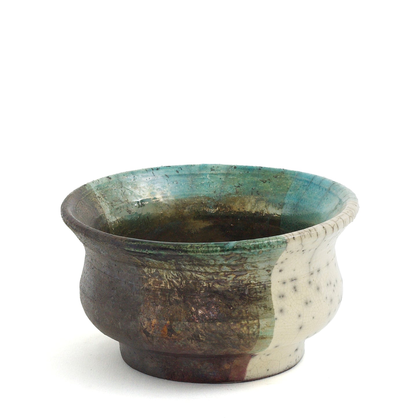Japanese Modern Intenzioni Vase Raku Ceramic Black White Green Crakle Metal