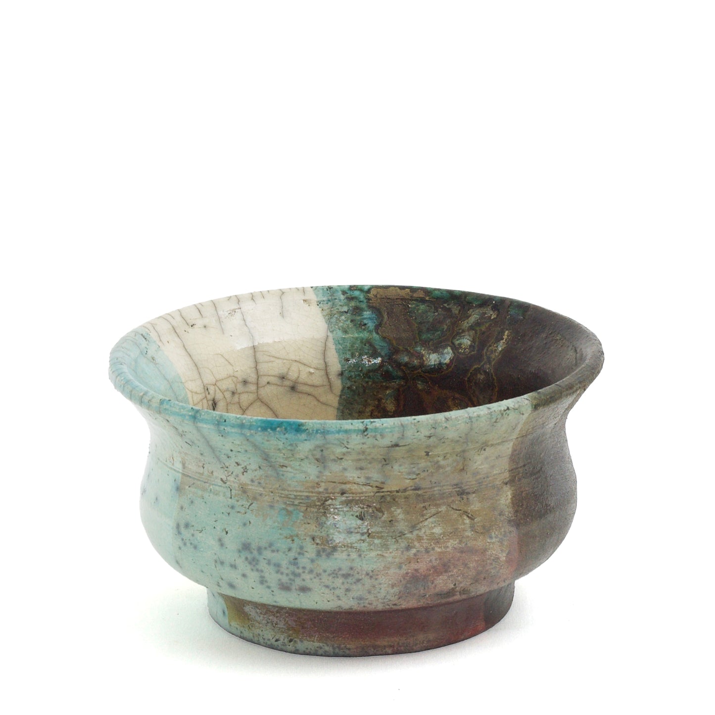 Japanese Modern Intenzioni Vase Raku Ceramic Black White Green Crakle Metal