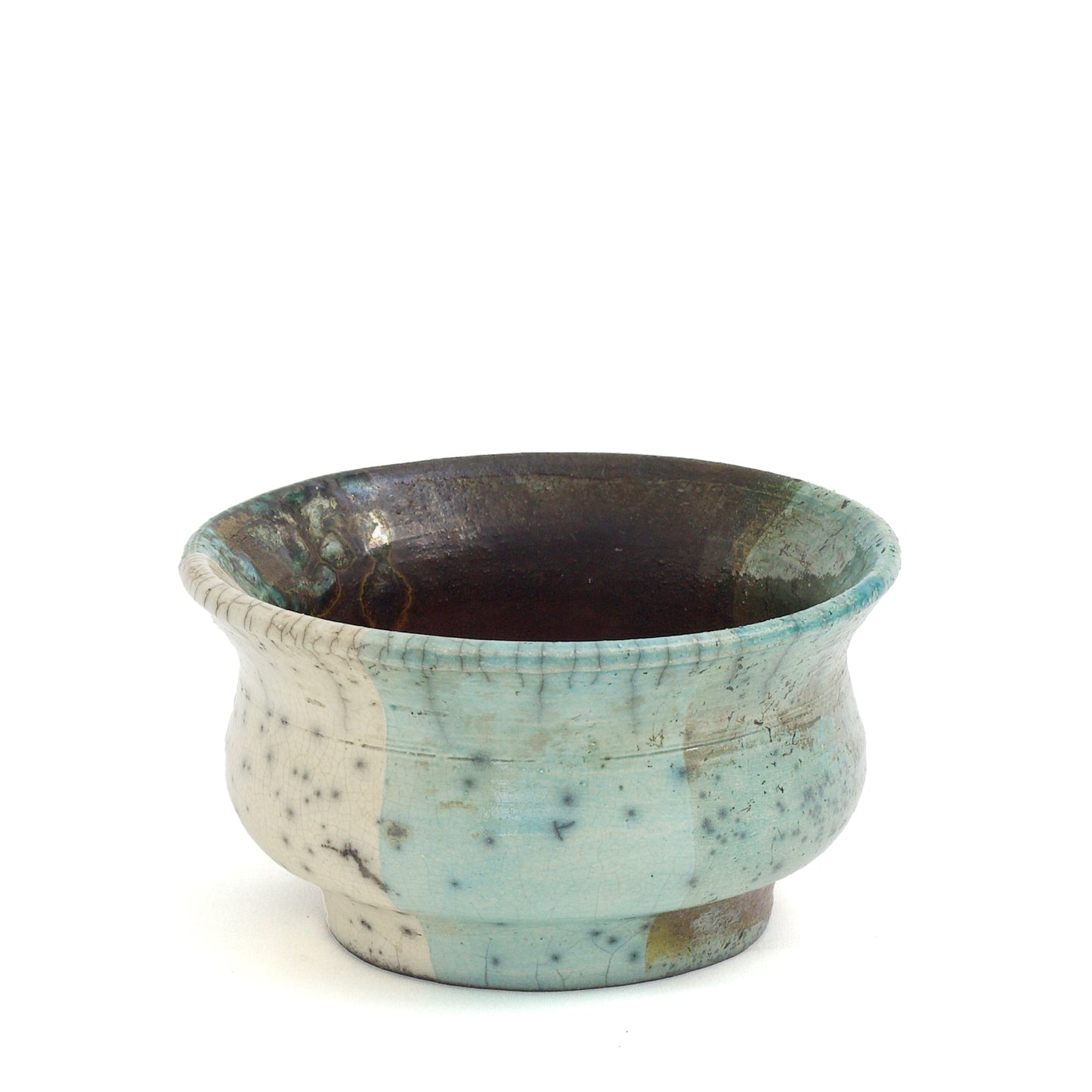 Japanese Modern Intenzioni Vase Raku Ceramic Black White Green Crakle Metal