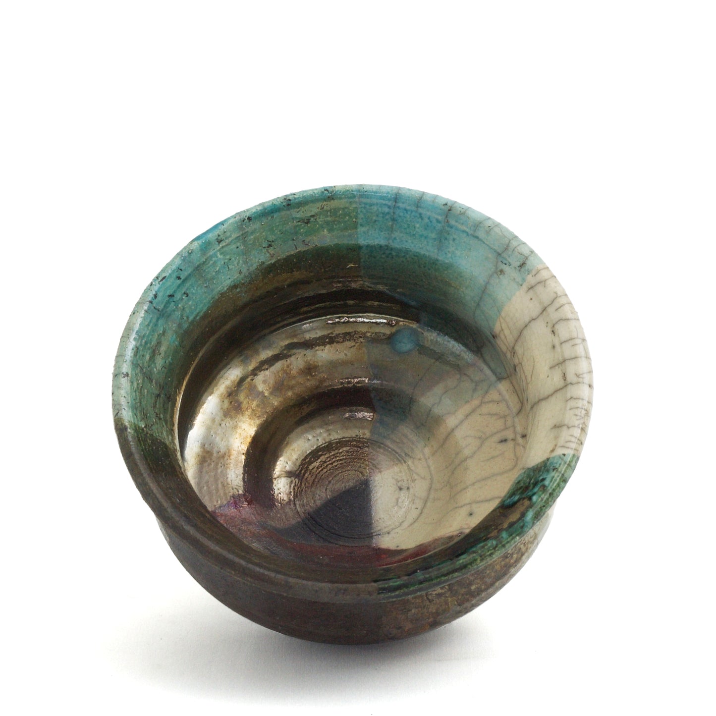 Japanese Modern Intenzioni Vase Raku Ceramic Black White Green Crakle Metal