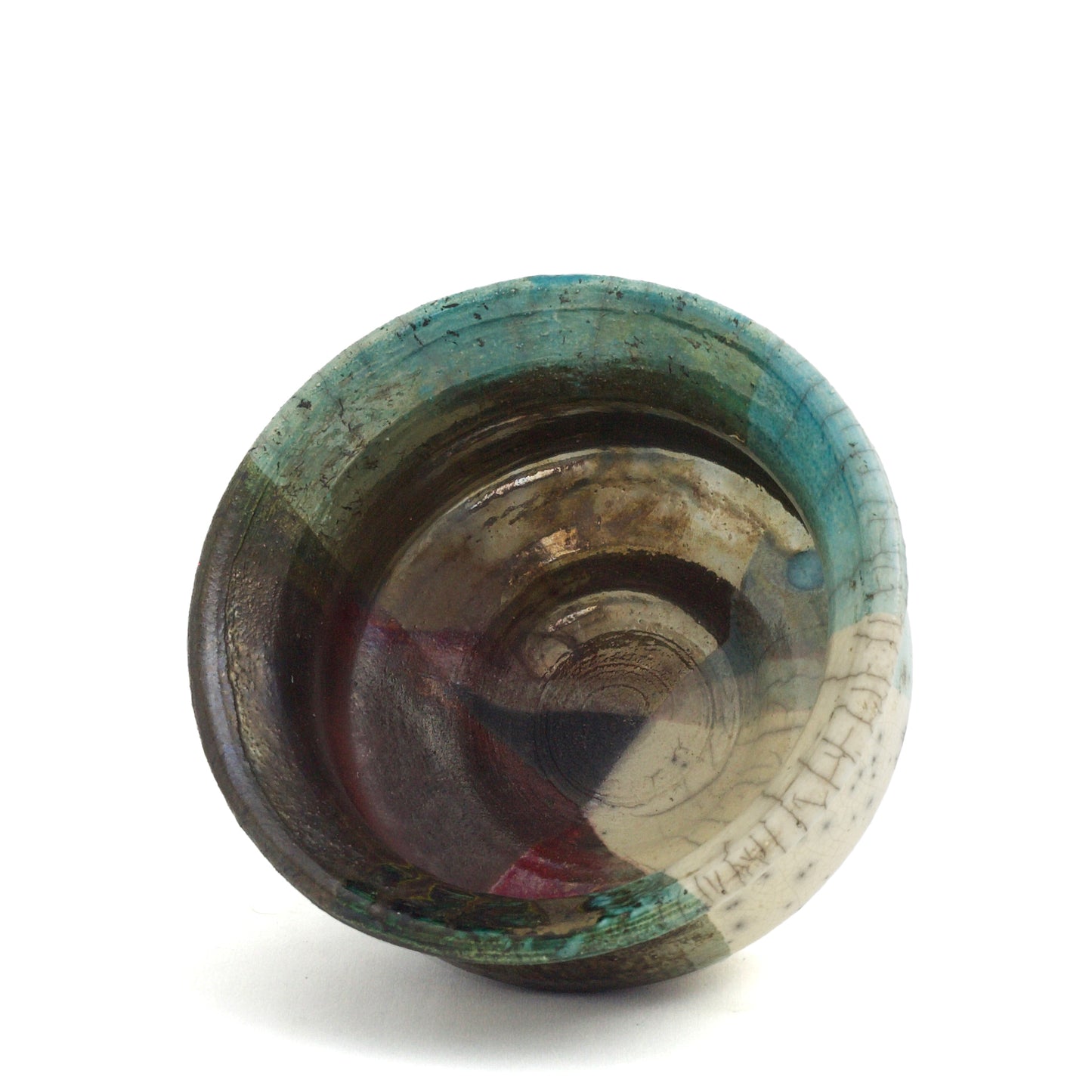 Japanese Modern Intenzioni Vase Raku Ceramic Black White Green Crakle Metal