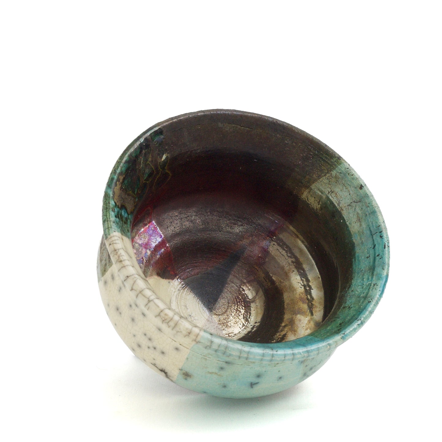 Japanese Modern Intenzioni Vase Raku Ceramic Black White Green Crakle Metal