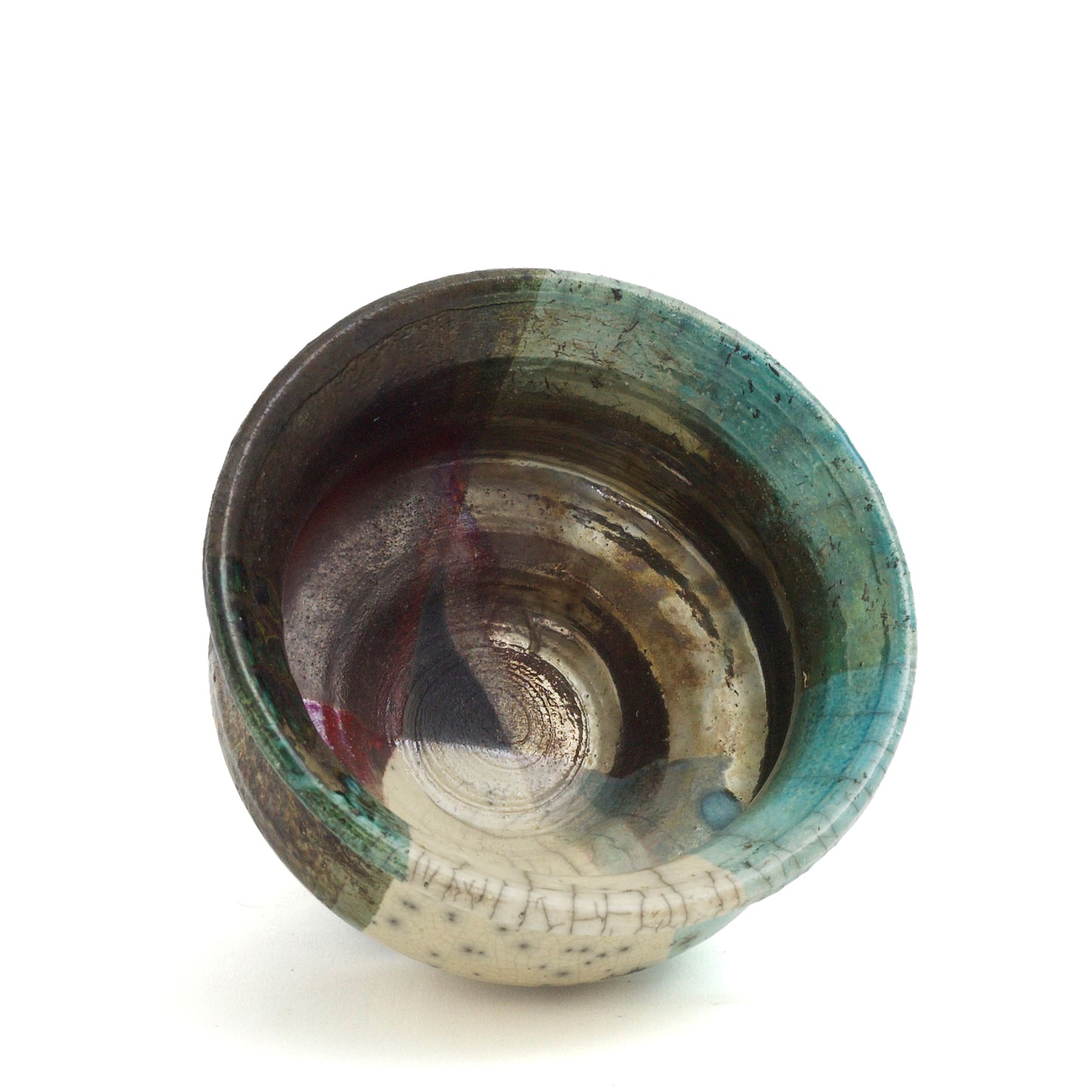 Japanese Modern Intenzioni Vase Raku Ceramic Black White Green Crakle Metal