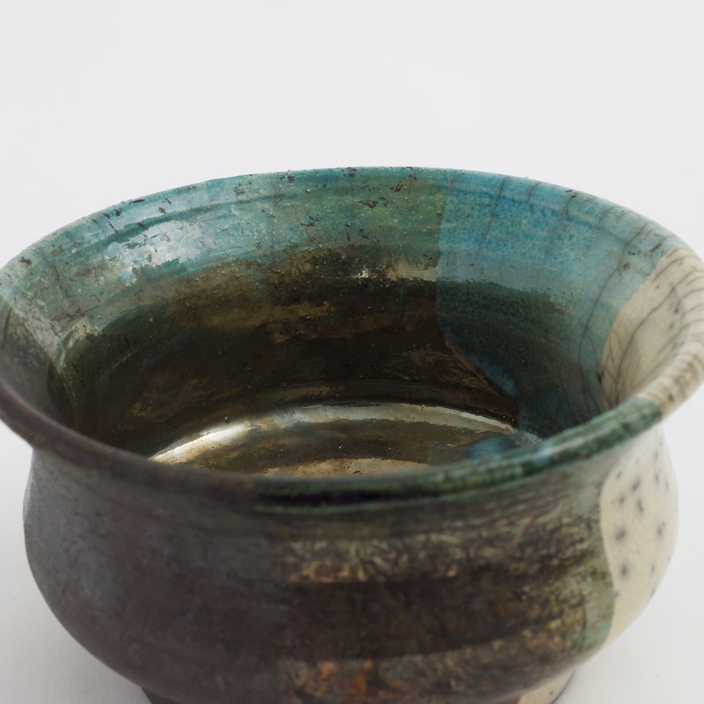 Japanese Modern Intenzioni Vase Raku Ceramic Black White Green Crakle Metal