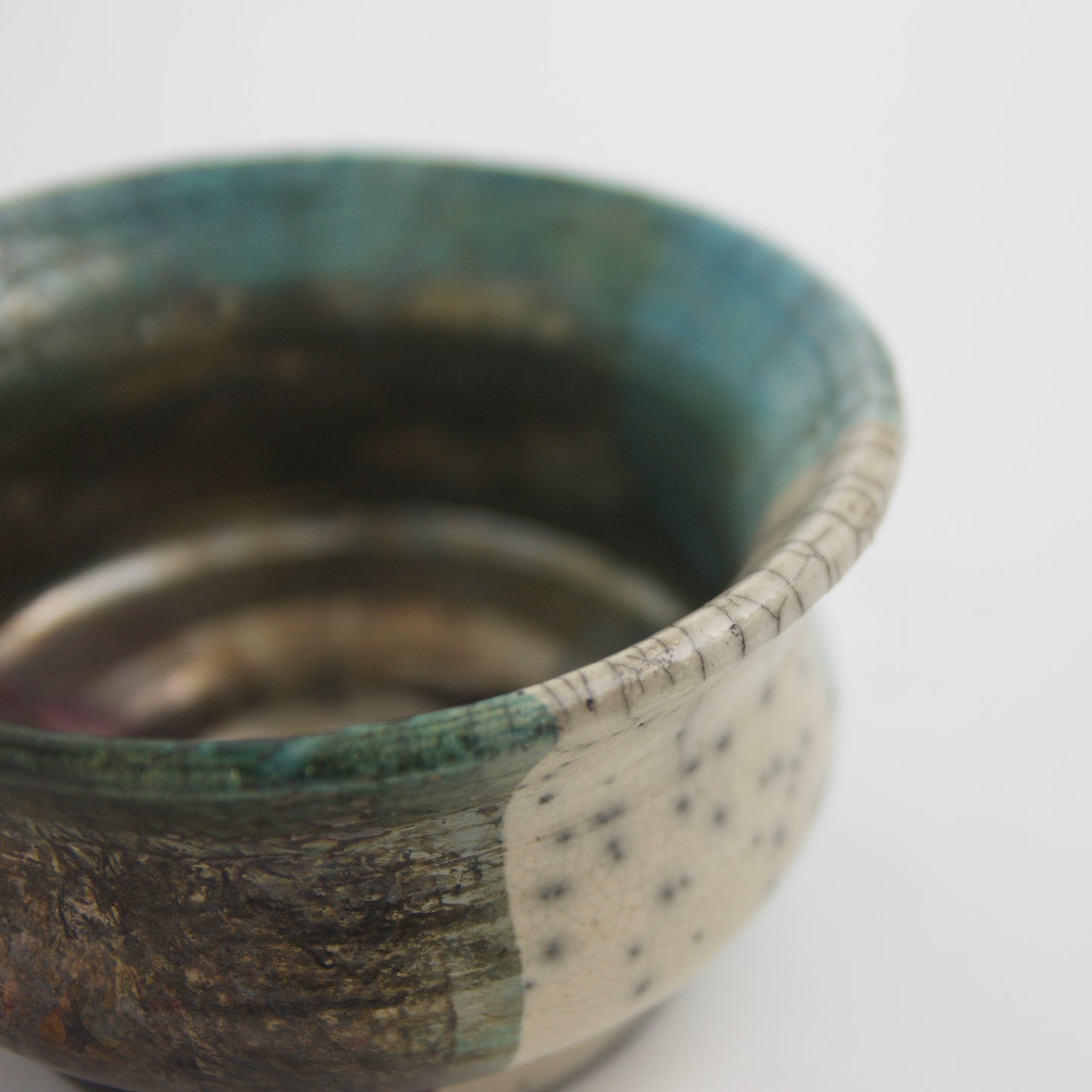 Japanese Modern Intenzioni Vase Raku Ceramic Black White Green Crakle Metal