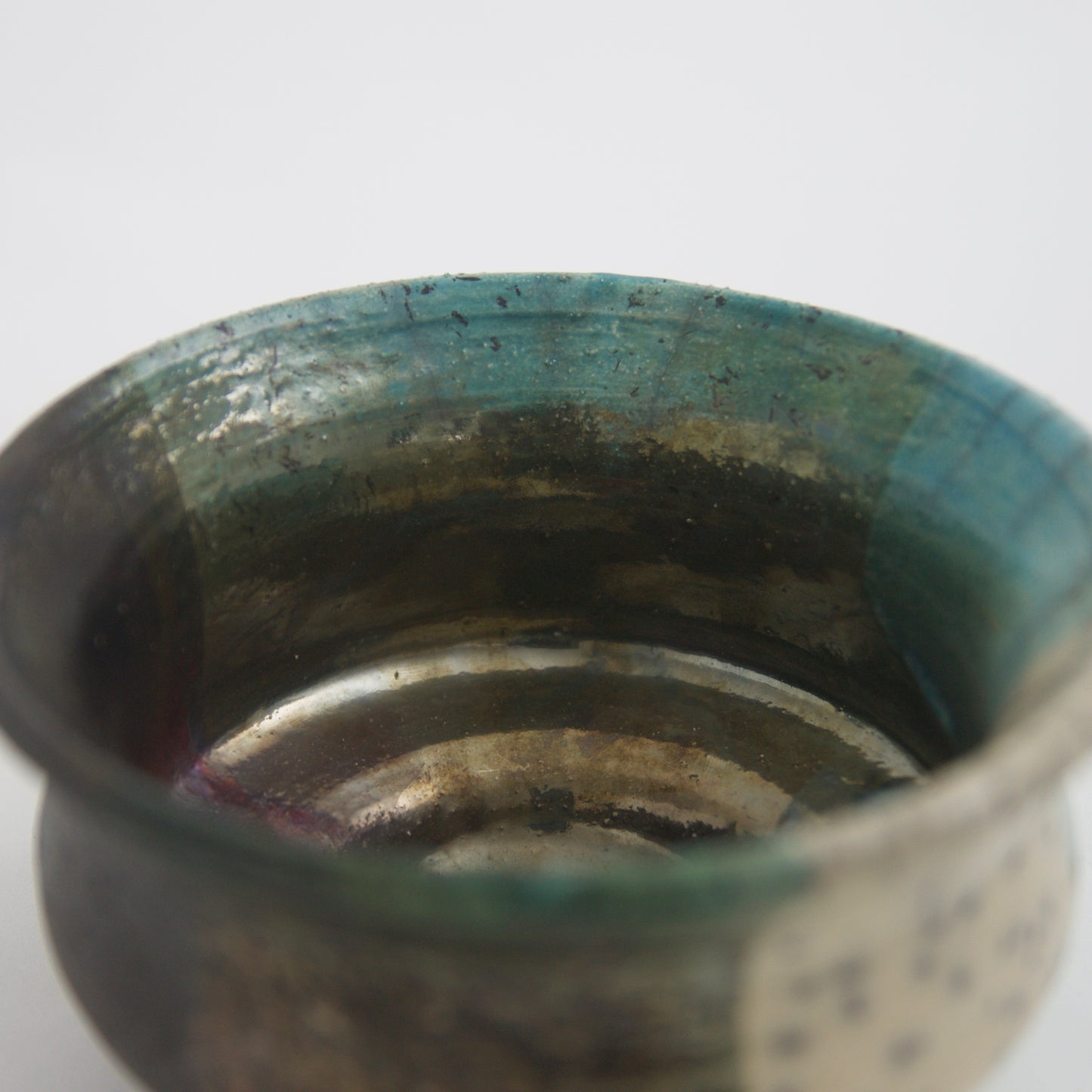 Japanese Modern Intenzioni Vase Raku Ceramic Black White Green Crakle Metal