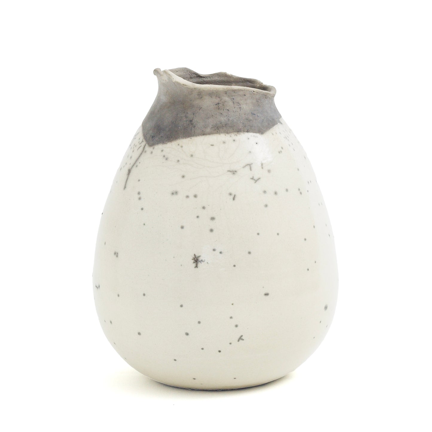 Japanese Modern Impermanenza Grey Sculpture Raku Ceramic White Crakle
