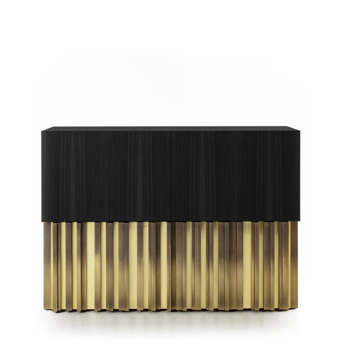 Sublime Vintage Sideboard with Brass Handmade Sculpture in Opaque Black Open Pore Striped Oak
