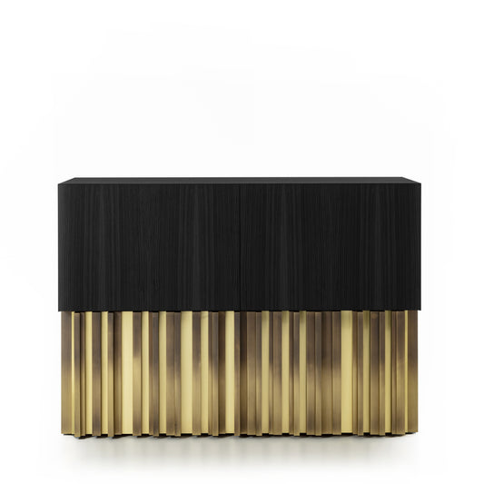 Sublime Vintage Sideboard with Brass Handmade Sculpture in Opaque Black Open Pore Striped Oak