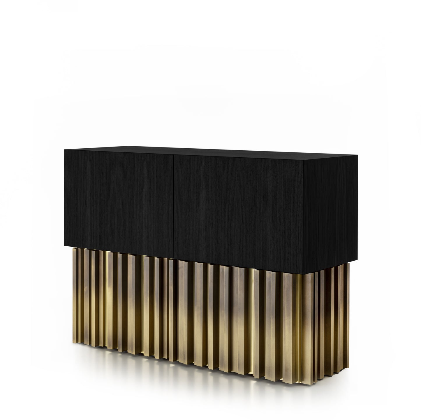 Sublime Vintage Sideboard with Brass Handmade Sculpture in Opaque Black Open Pore Striped Oak