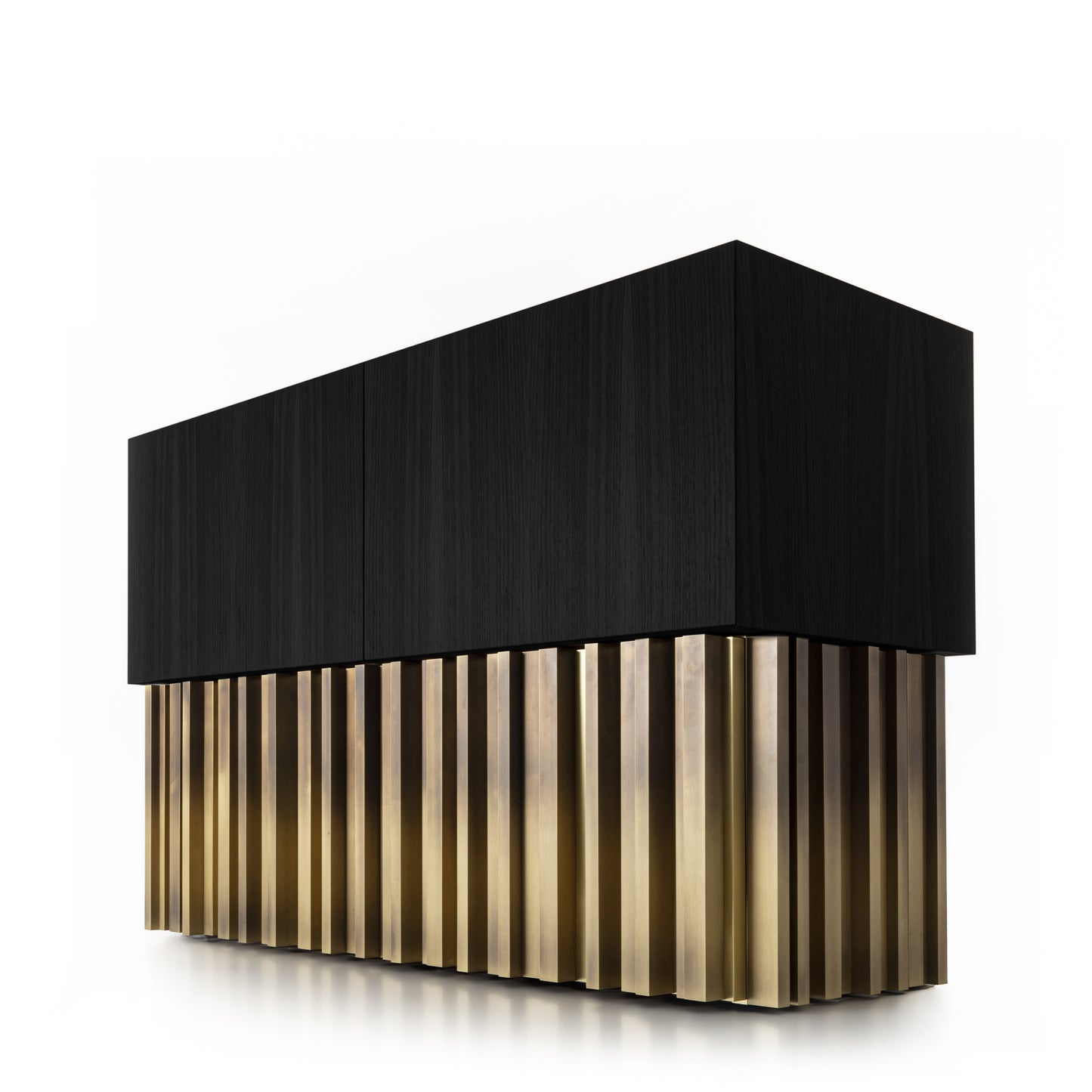 Sublime Vintage Sideboard with Brass Handmade Sculpture in Opaque Black Open Pore Striped Oak