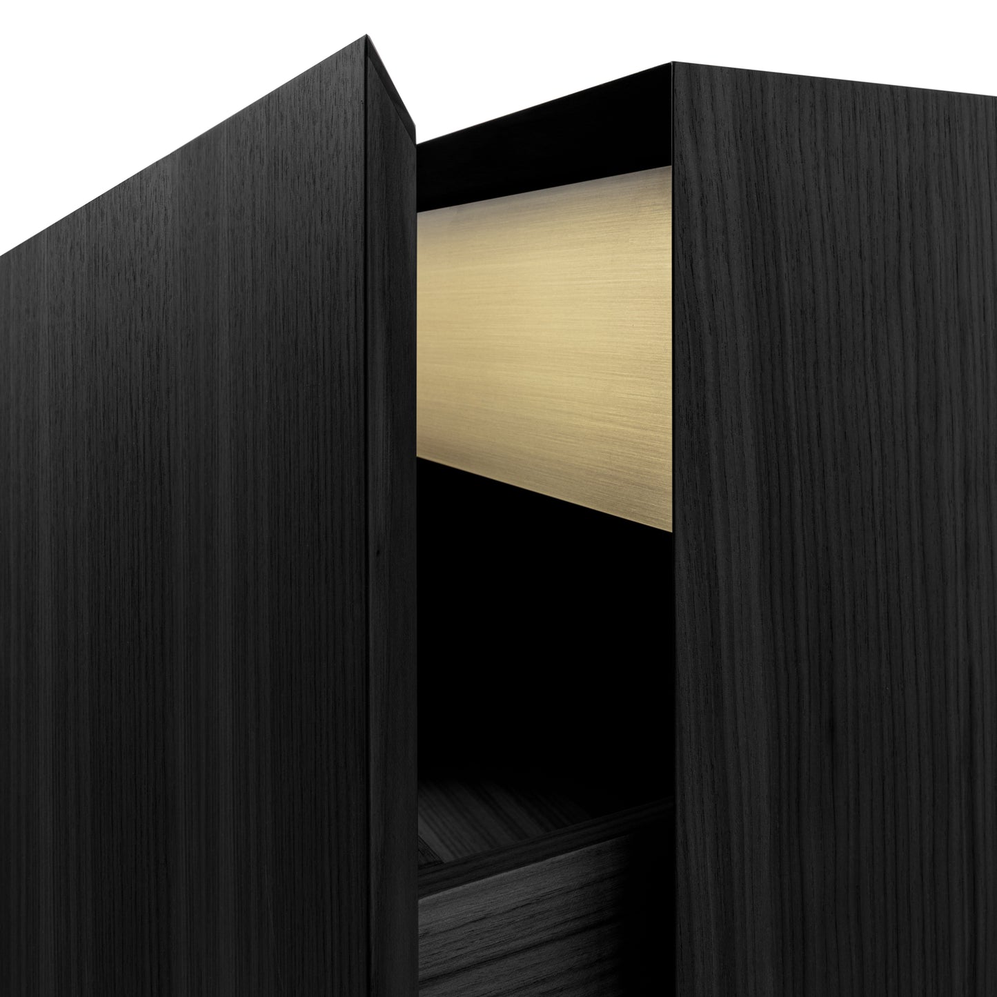 Sublime Vintage Sideboard with Brass Handmade Sculpture in Opaque Black Open Pore Striped Oak
