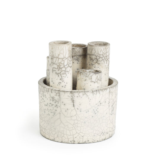 Modern Metropolis S Candle Holder Sculpture Raku Ceramic White Crakle