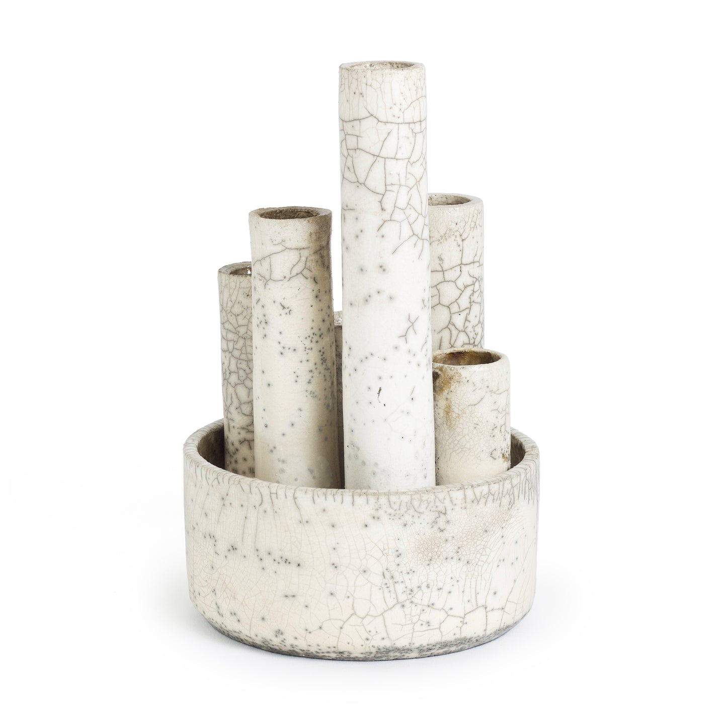 Modern Metropolis M Candle Holder Sculpture Raku Ceramic White Crakle