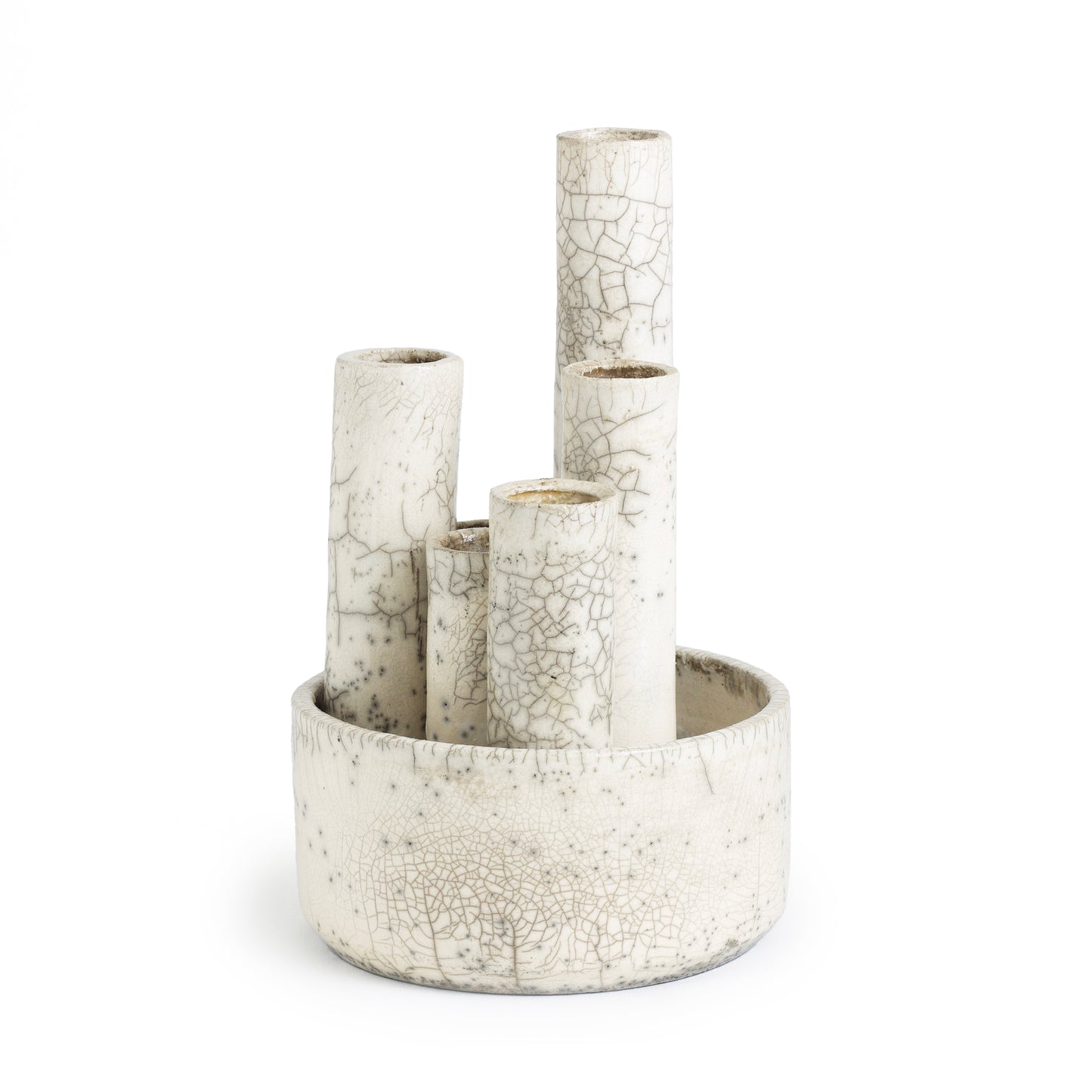 Modern Metropolis M Candle Holder Sculpture Raku Ceramic White Crakle
