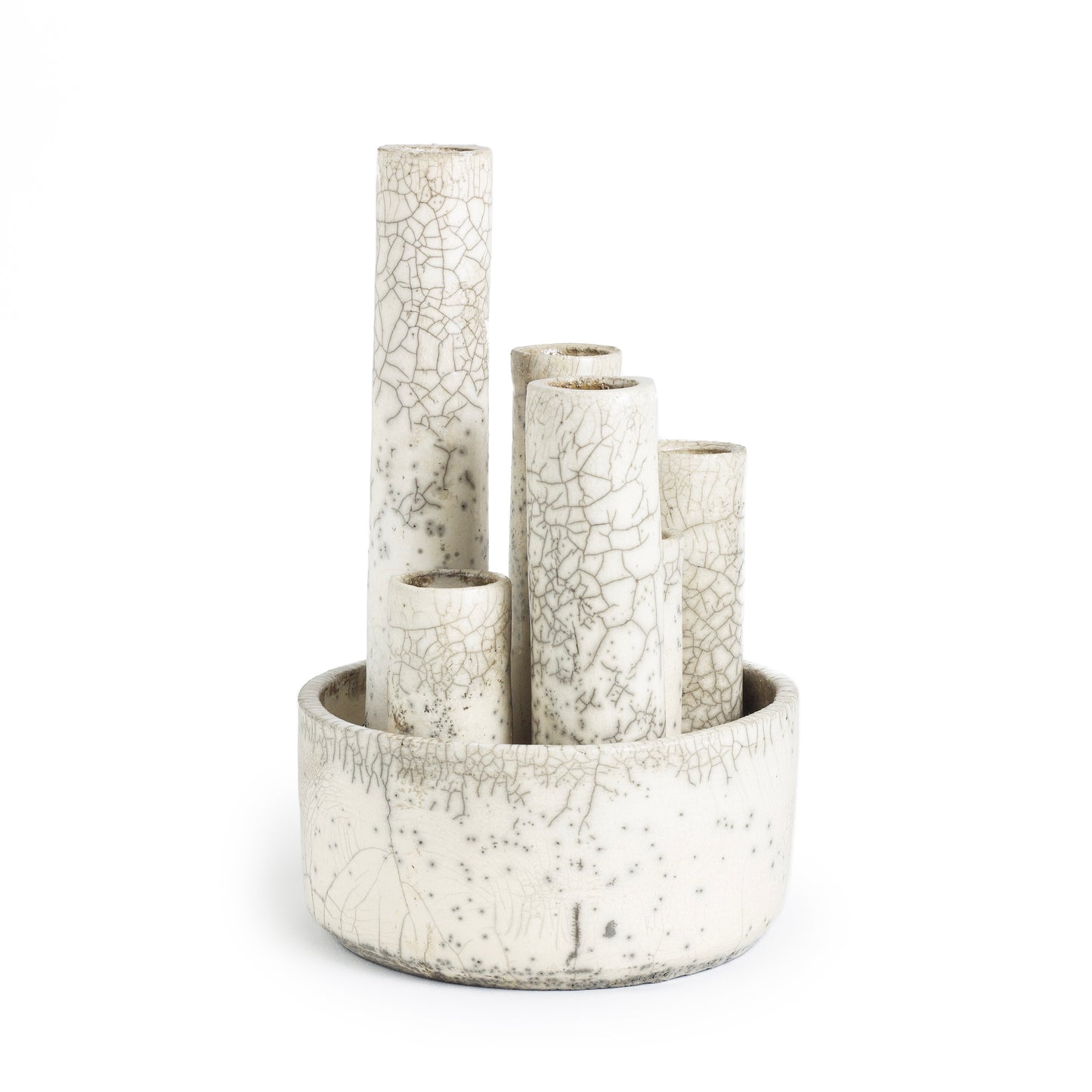 Modern Metropolis M Candle Holder Sculpture Raku Ceramic White Crakle
