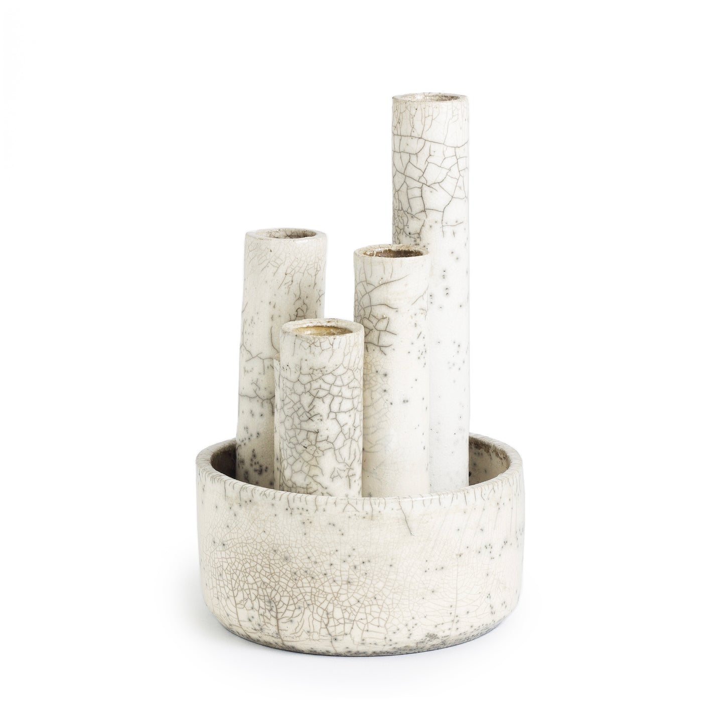 Modern Metropolis M Candle Holder Sculpture Raku Ceramic White Crakle