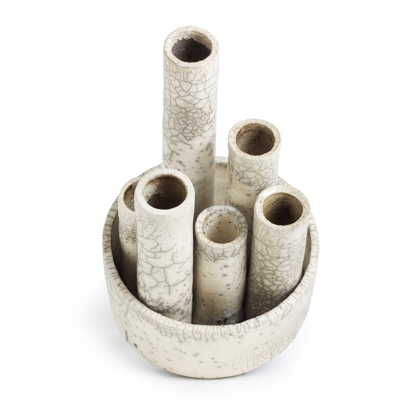 Modern Metropolis M Candle Holder Sculpture Raku Ceramic White Crakle