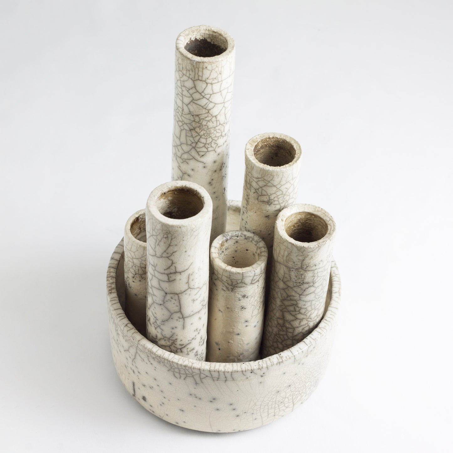 Modern Metropolis M Candle Holder Sculpture Raku Ceramic White Crakle