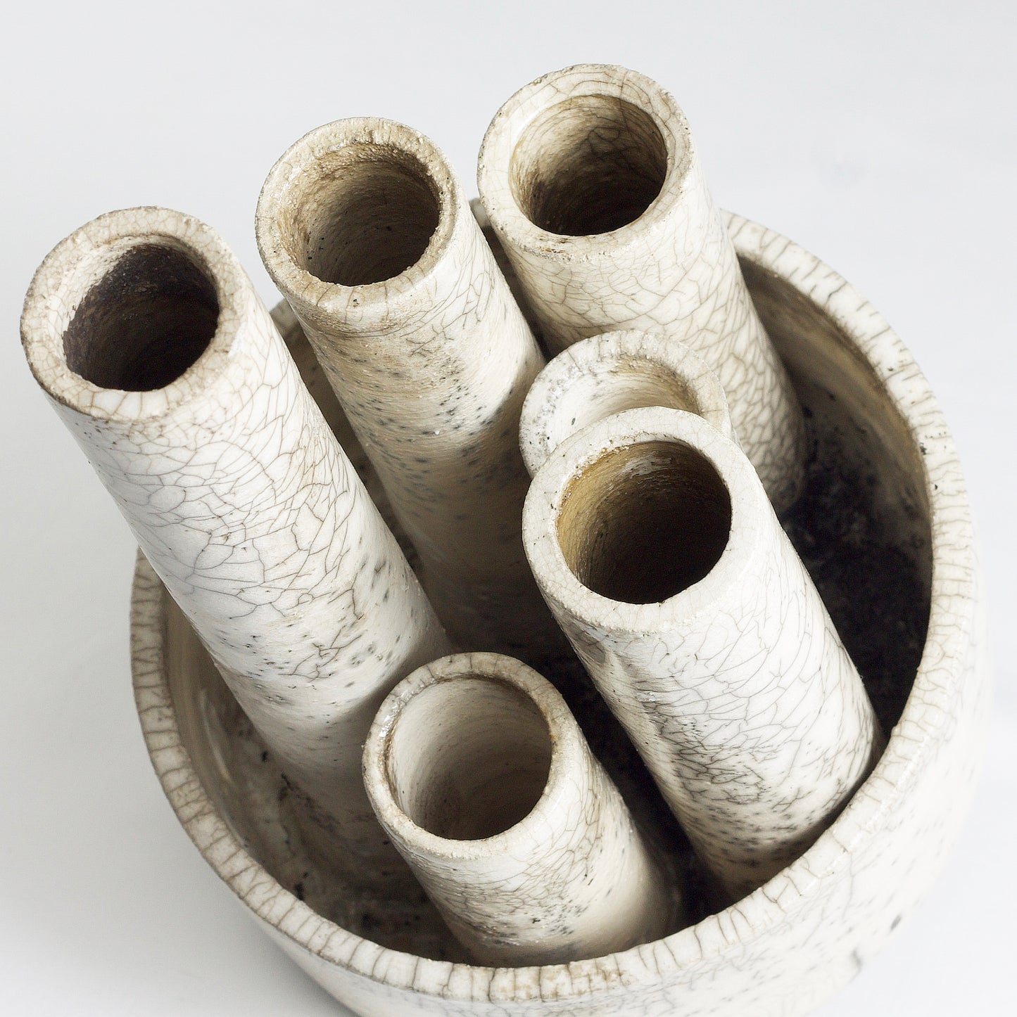 Modern Metropolis M Candle Holder Sculpture Raku Ceramic White Crakle
