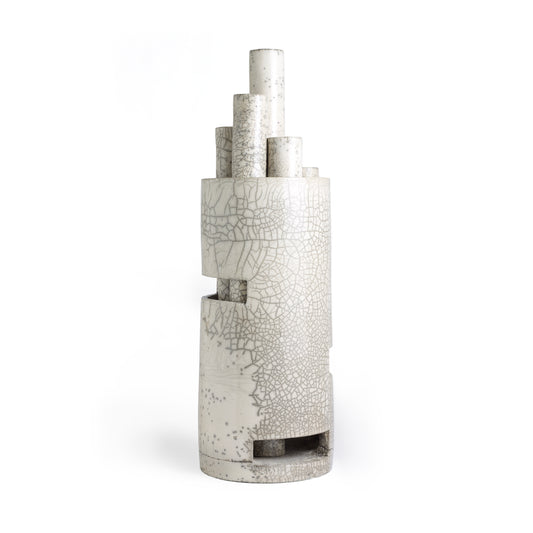 Modern Metropolis L Candle Holder Sculpture Raku Ceramic White Crakle