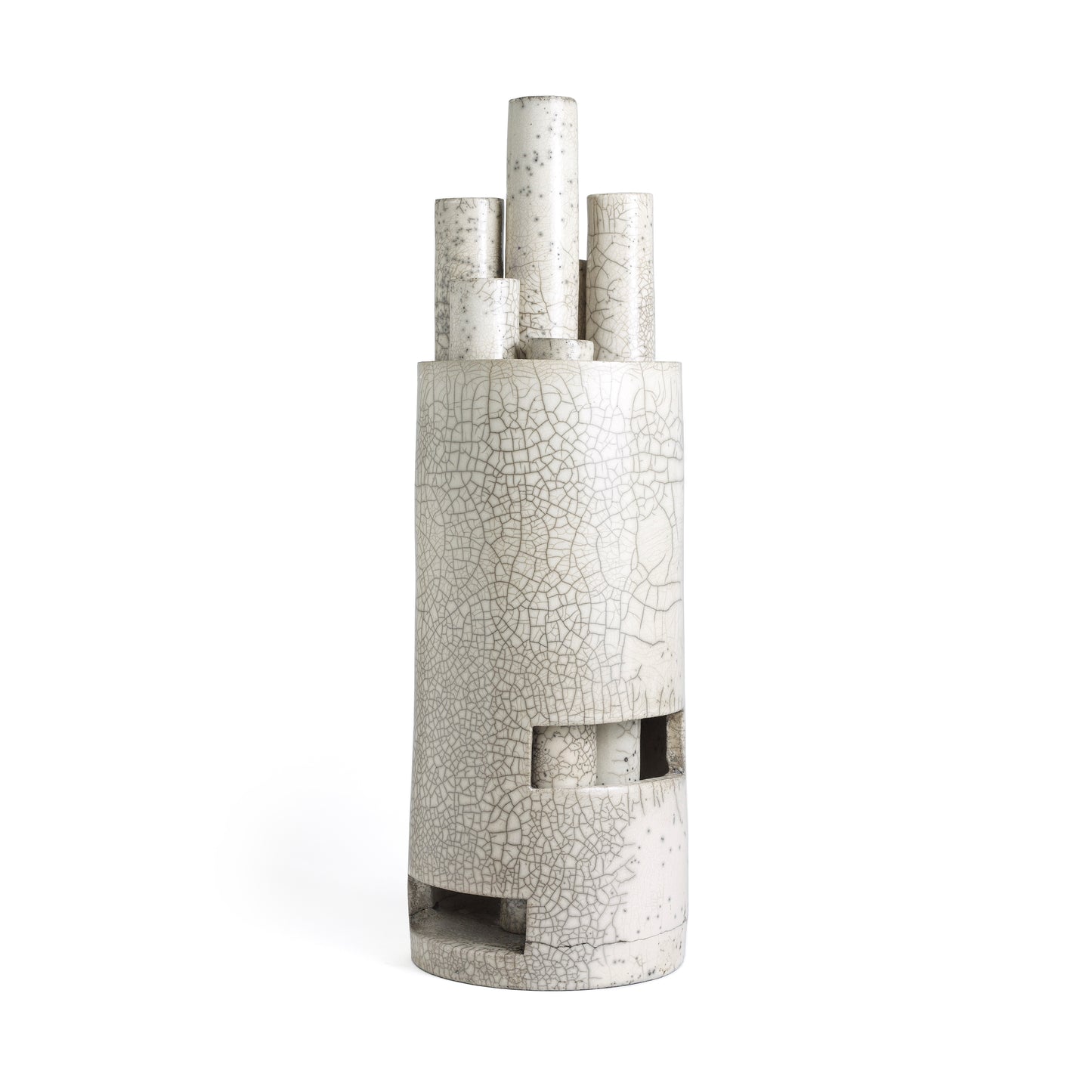 Modern Metropolis L Candle Holder Sculpture Raku Ceramic White Crakle