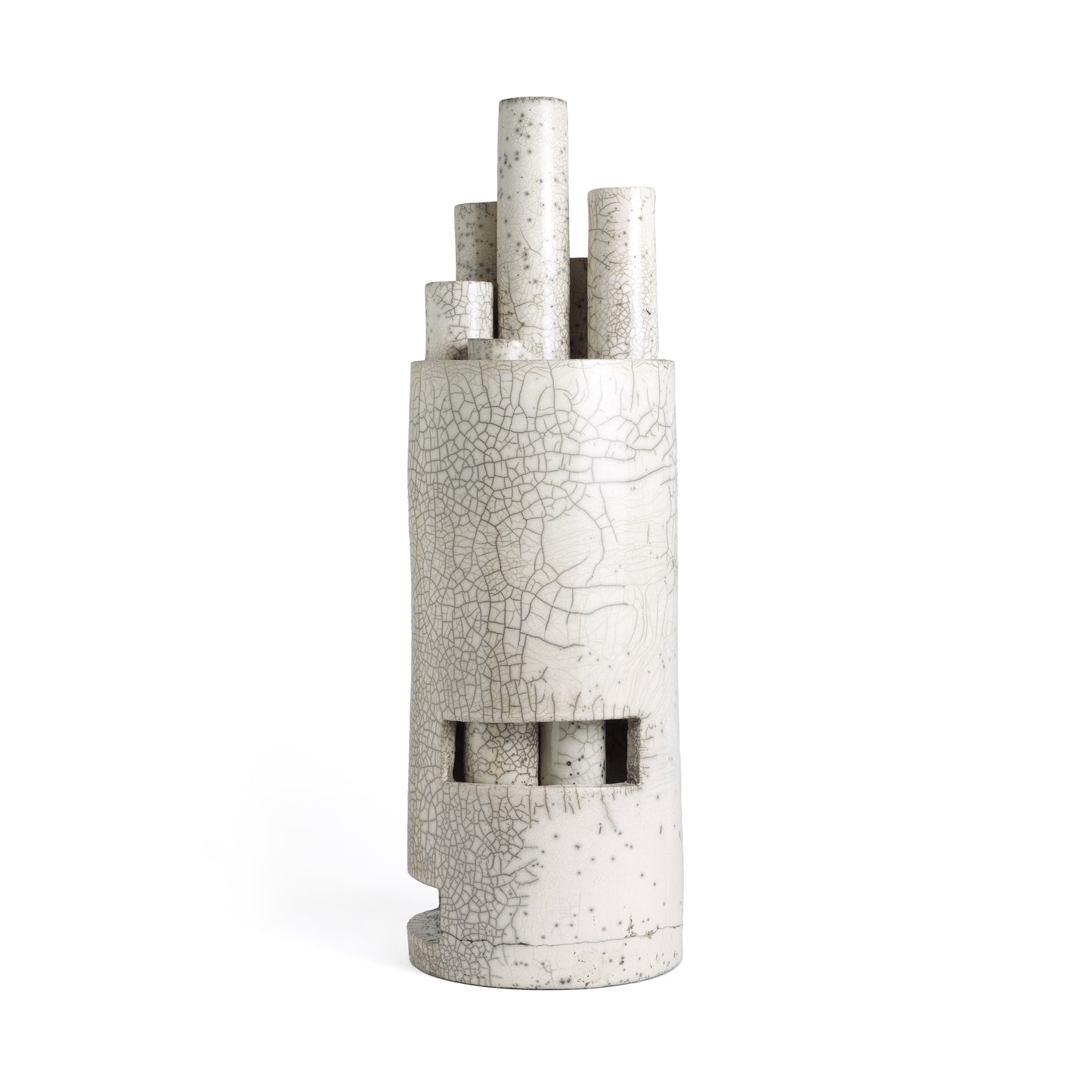 Modern Metropolis L Candle Holder Sculpture Raku Ceramic White Crakle