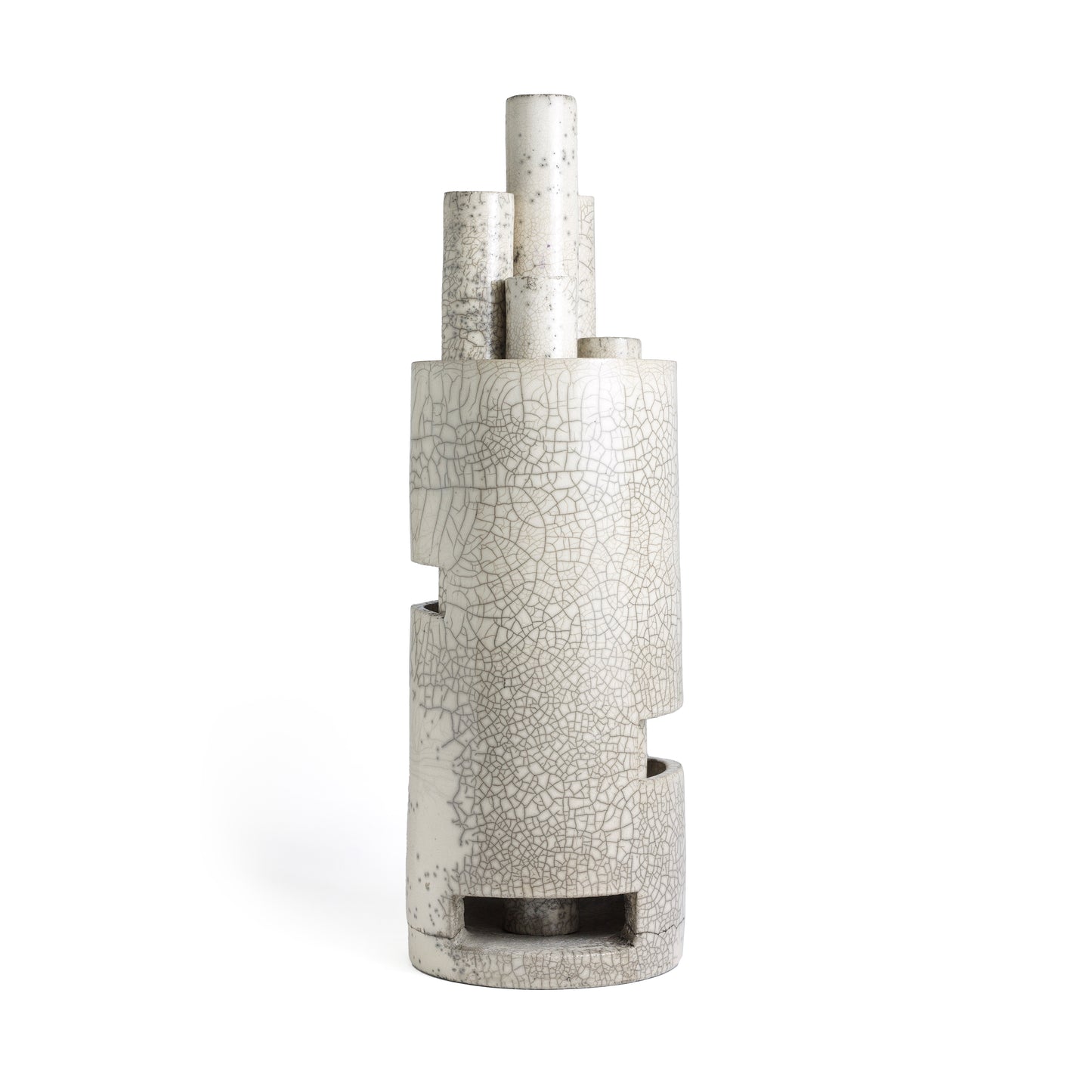 Modern Metropolis L Candle Holder Sculpture Raku Ceramic White Crakle