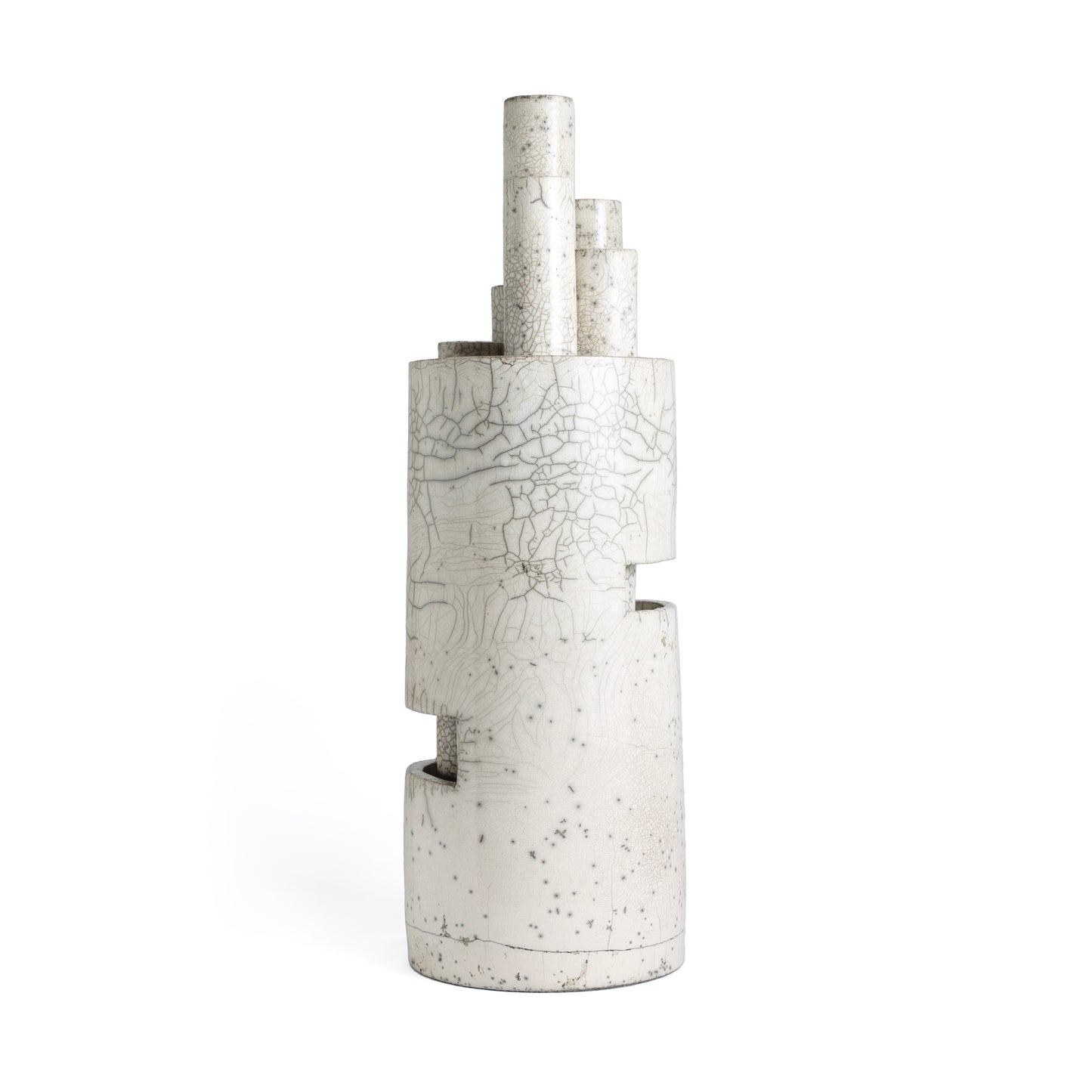 Modern Metropolis L Candle Holder Sculpture Raku Ceramic White Crakle