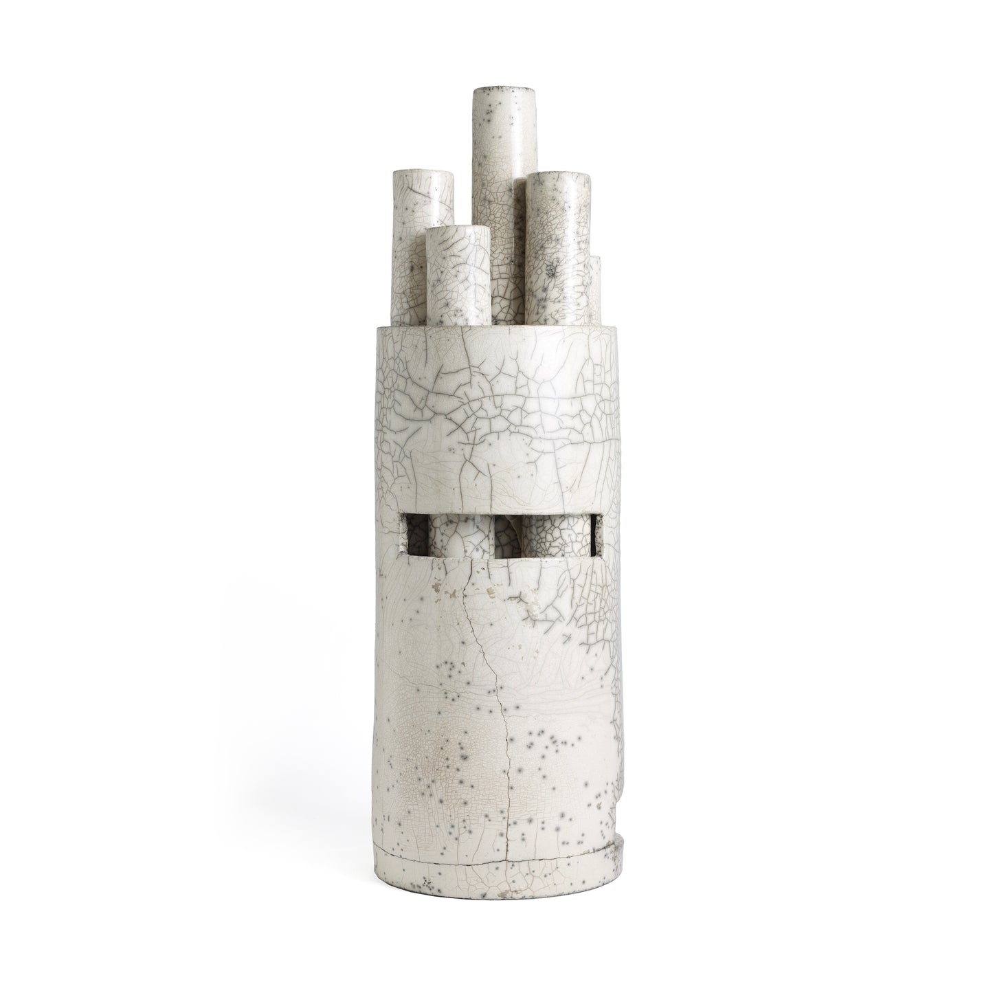 Modern Metropolis L Candle Holder Sculpture Raku Ceramic White Crakle