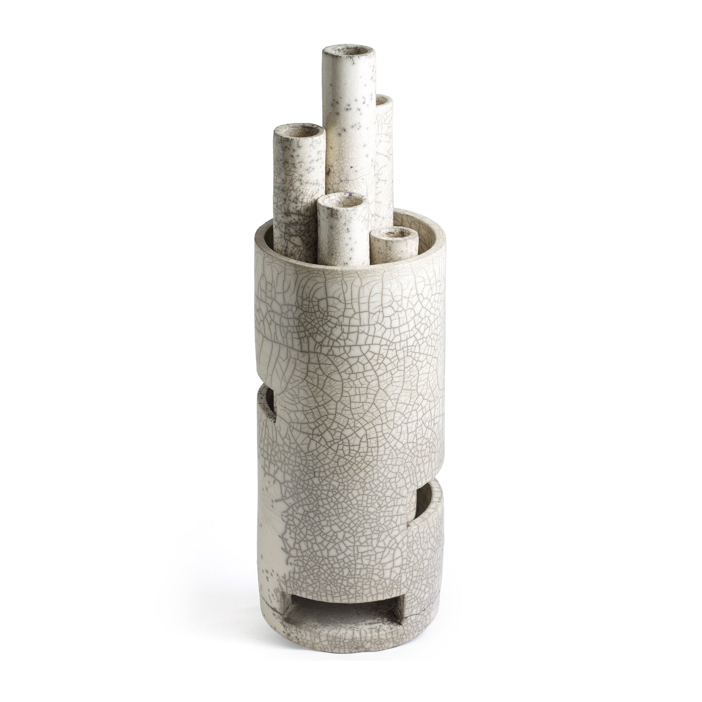 Modern Metropolis L Candle Holder Sculpture Raku Ceramic White Crakle