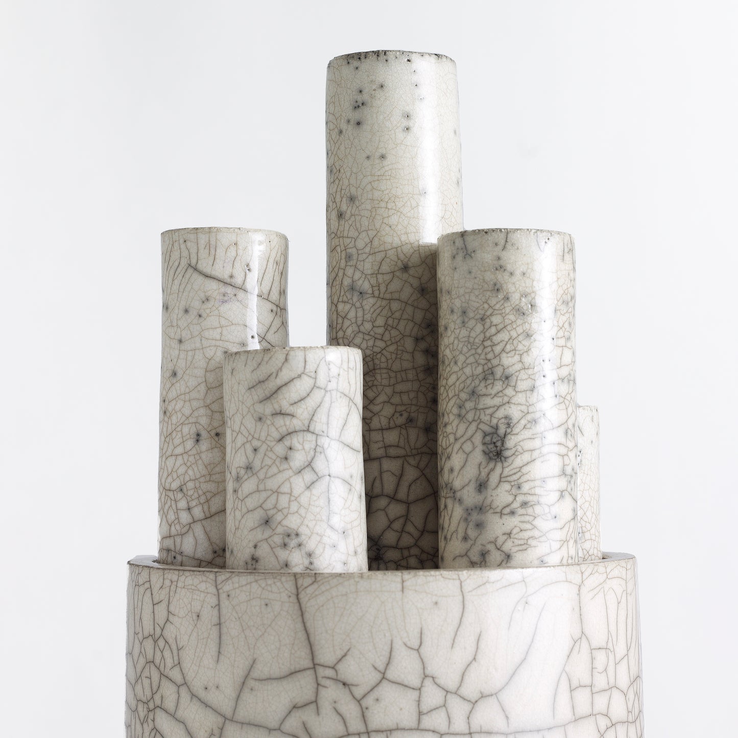 Modern Metropolis L Candle Holder Sculpture Raku Ceramic White Crakle