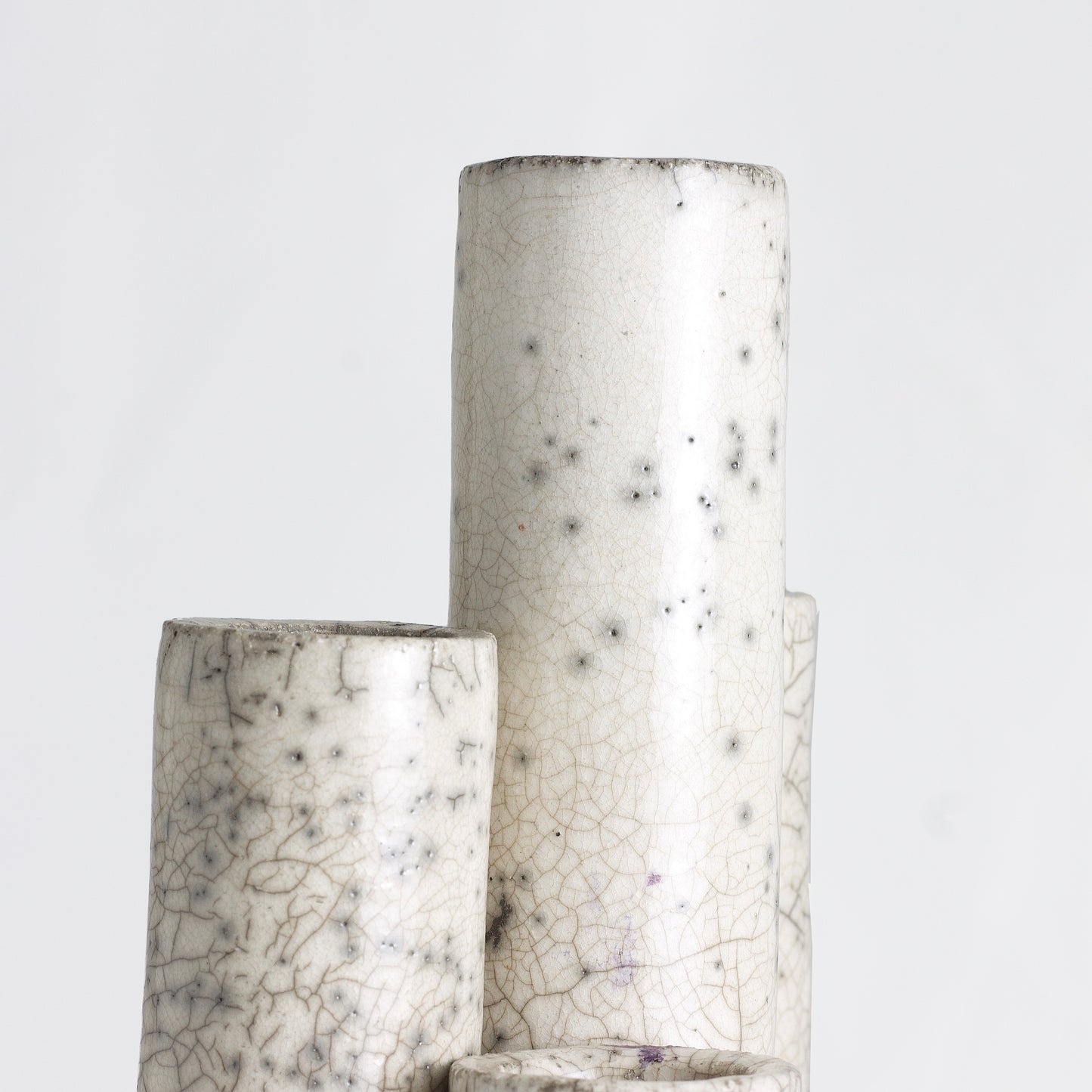 Modern Metropolis L Candle Holder Sculpture Raku Ceramic White Crakle